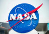 NASA logo with blue background and red swoosh.