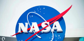 NASA logo with blue background and red swoosh.