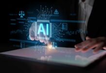 A hand interacting with a digital tablet displaying AI graphics