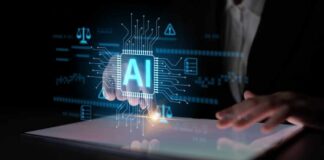 A hand interacting with a digital tablet displaying AI graphics