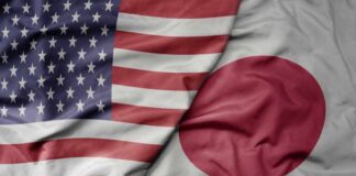 Flags of the United States and Japan overlapping