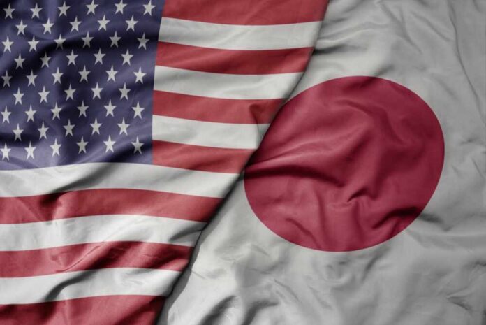 Flags of the United States and Japan overlapping