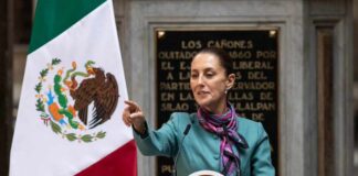 A government official delivering a speech in front of the Mexican flag