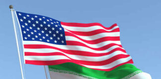 American and Iranian flags waving in the sky.