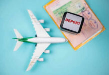 Toy airplane passport deport stamp blue background