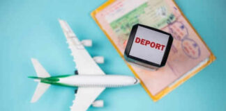 Toy airplane passport deport stamp blue background
