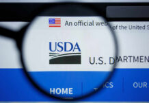 Close-up view of the USDA website logo through a magnifying glass