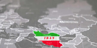 Map highlighting Iran with its national colors