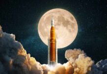 Artemis II Brace for Intense Re-entry A rocket launching towards a full moon in a starry sky