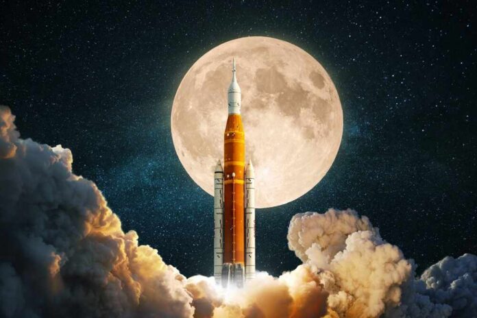 A rocket launching towards a full moon in a starry sky