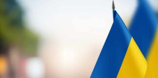 Close-up of a Ukrainian flag waving in the wind