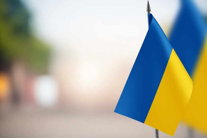 Close-up of a Ukrainian flag waving in the wind