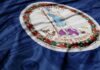 Virginia state flag with a blue background and money texture