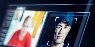 A digital interface displaying facial recognition analysis of two individuals