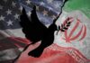 A dove with an olive branch overlaid on the flags of the United States and Iran