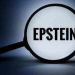 Magnifying glass highlighting the word 'EPSTEIN' against a dark background