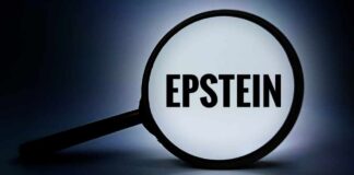 Magnifying glass highlighting the word 'EPSTEIN' against a dark background