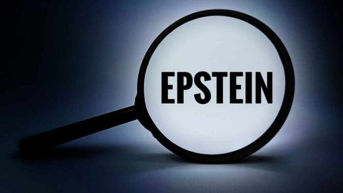 Magnifying glass highlighting the word 'EPSTEIN' against a dark background