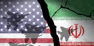 A cracked wall featuring the flags of the United States and Iran, with military aircraft silhouettes