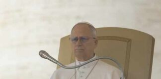 Pope seated on a throne with a microphone in front