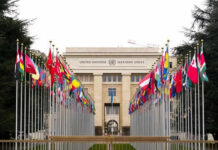 United Nations building with international flags displayed outside