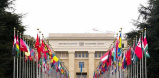 United Nations building with international flags displayed outside