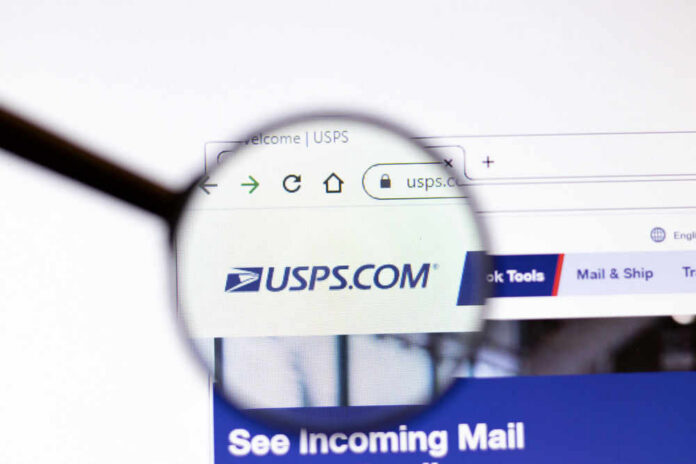 Magnifying glass over USPS.com website page.