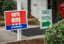 Outdoor signs for voting and early voting at a polling place