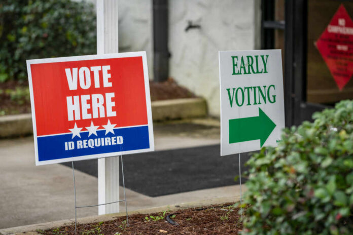 Outdoor signs for voting and early voting at a polling place