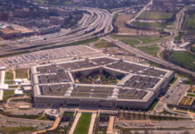 Aerial view of the Pentagon surrounded by roads and parking lots