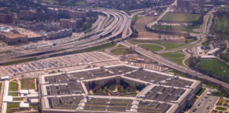 Aerial view of the Pentagon surrounded by roads and parking lots