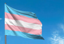 Transgender pride flag waving against a blue sky