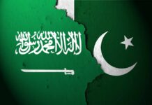 U.S. Caught Off-Guard by Saudi-Pakistan Pact Flags of Saudi Arabia and Pakistan split by a torn seam