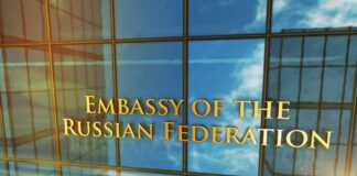 Exterior view of the Embassy of the Russian Federation with reflective glass