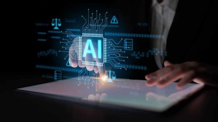 Ai,Circuit,Microchip,With,Glowing,Blue,Lines,,Surrounded,By,Legal A hand interacting with a digital tablet displaying AI graphics