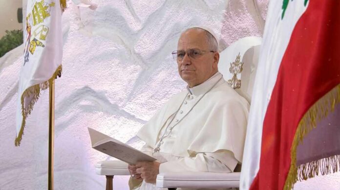 Beirut,,Lebanon,-,December,01,,2025,-,Pope,Leo,Xiv Pope seated in a ceremonial chair with flags in the background