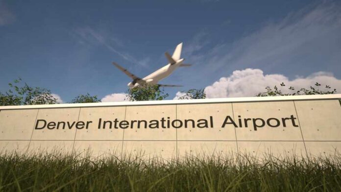Sign for Denver International Airport with an airplane flying overhead