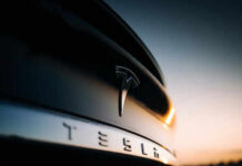 Closeup of Tesla car logo at sunset