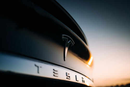Closeup of Tesla car logo at sunset