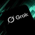 Smartphone screen displaying the Grok logo on a dark tech-themed background