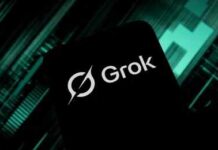 AI-First War Plan Sparks Bipartisan Alarm Smartphone screen displaying the Grok logo on a dark tech-themed background