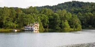 Forested peninsula on a calm lake with autumn foliage and distant hills
