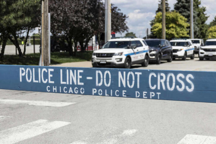 Police line barrier with parked police cars behind.