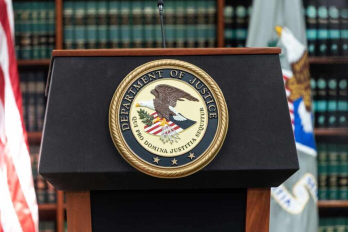 New,York,,Ny,-,May,5,,2022:,Seal,Of,Justice Podium with the Department of Justice seal and American flag in the background