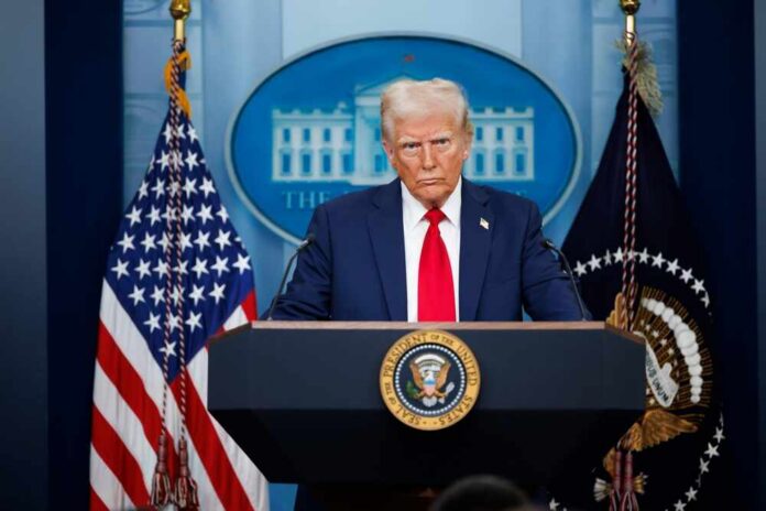 Washington,,January,30,2025:,President,Donald,Trump,Speaks,At A political figure at a podium during a press conference