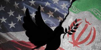 A dove with an olive branch overlaid on the flags of the United States and Iran