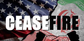 Graphic representation of a ceasefire between the US and Iran with flags and handshake