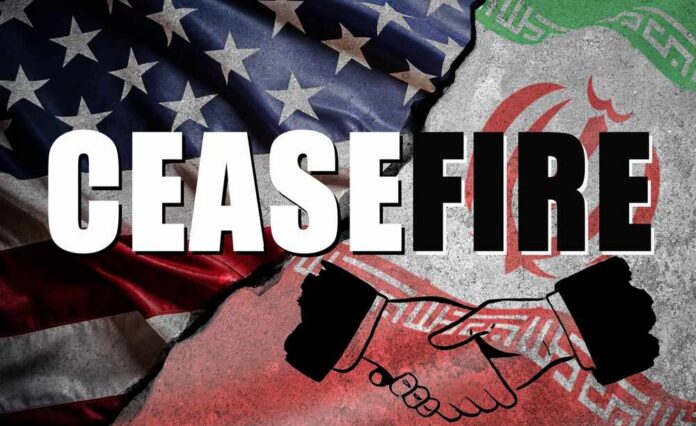 Conceptual,Image,Of,War,Between,Israel,And,Iran,,Using,Flag Graphic representation of a ceasefire between the US and Iran with flags and handshake