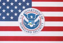 U.S. Department of Homeland Security seal on American flag