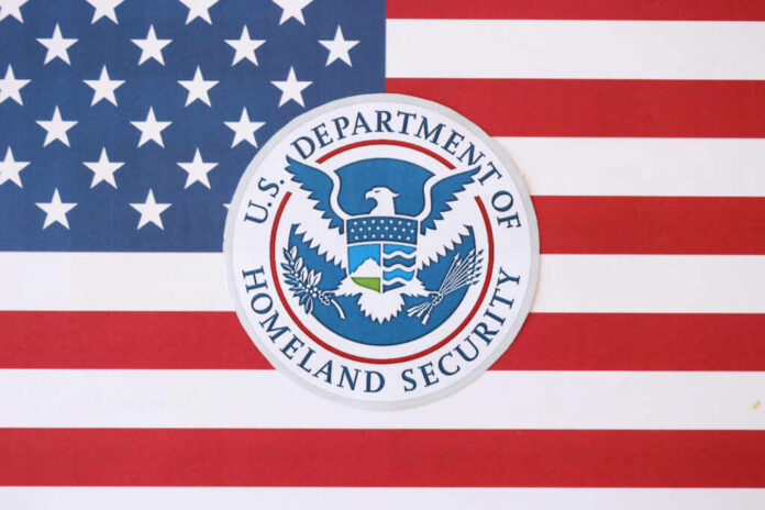 U.S. Department of Homeland Security seal on American flag
